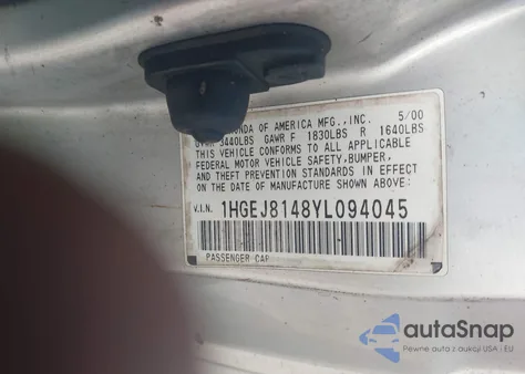 2000 Honda Civic Ex из США, поврежденный, VIN 1HGEJ8148YL094045